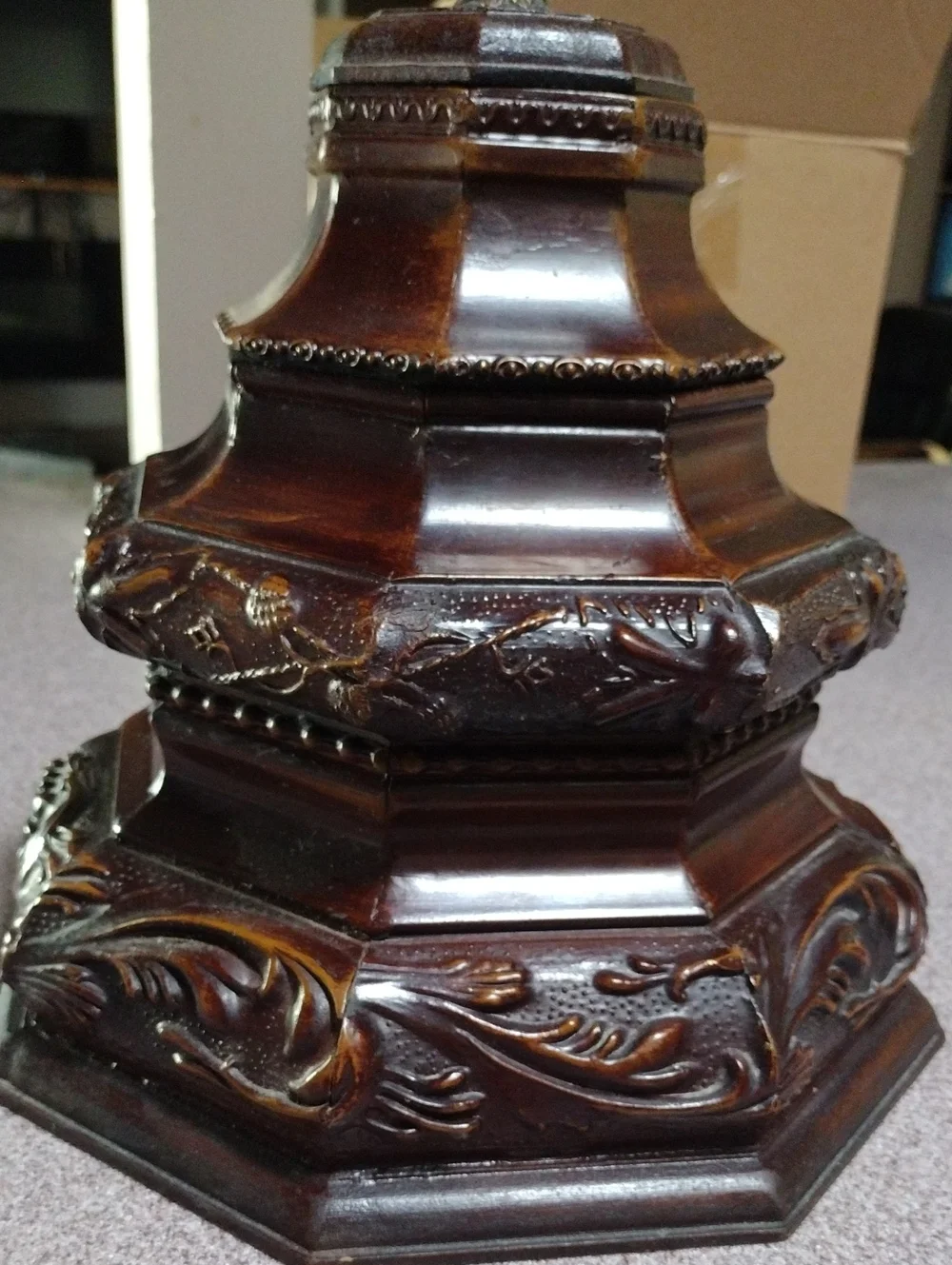 RARE Vintage Ornate Brown Decorative Wood Carved Accent Stash Box Brass Finial